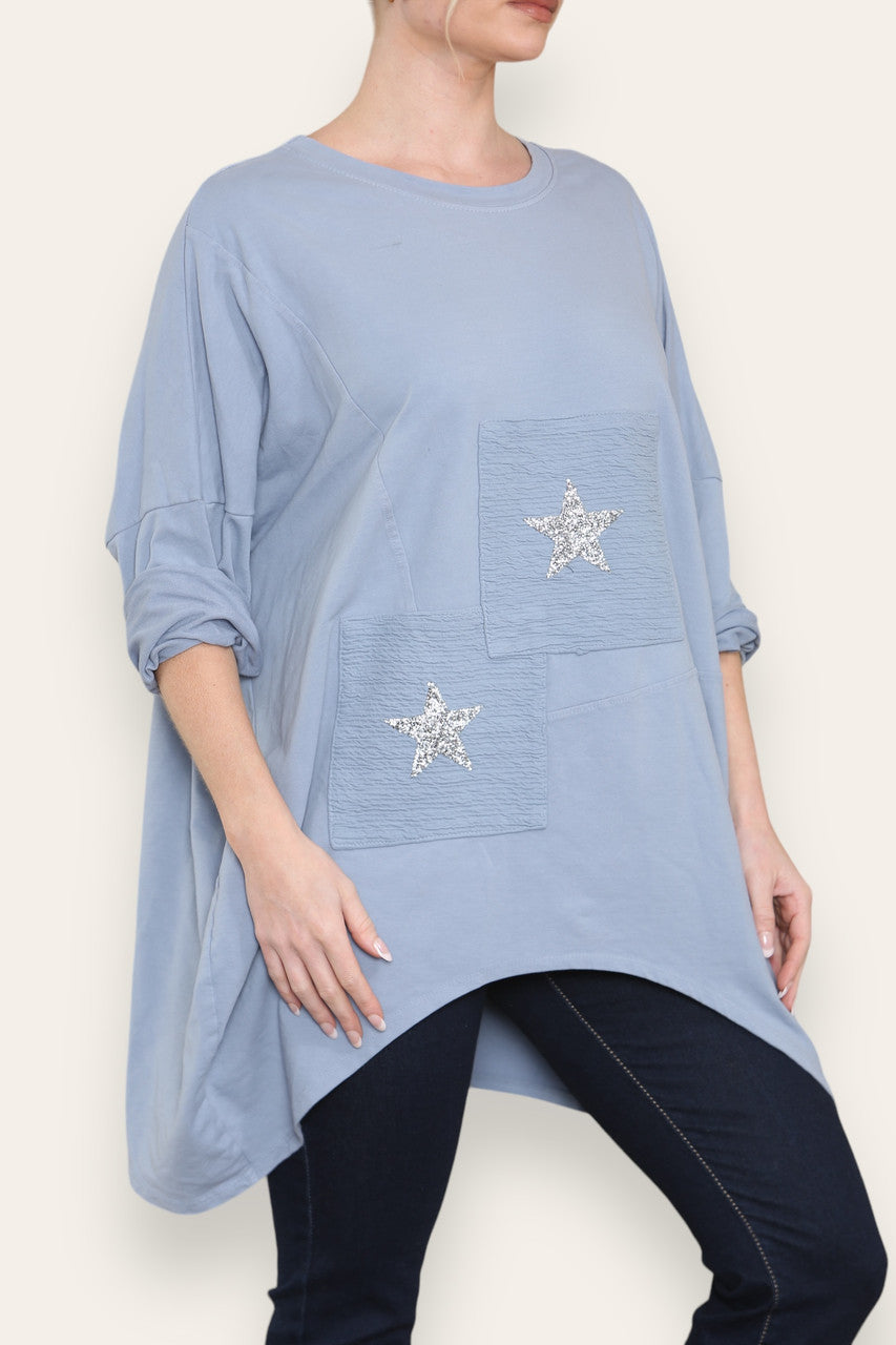 SEQUIN STAR COTTON SWEATSHIRT TOP DENIM