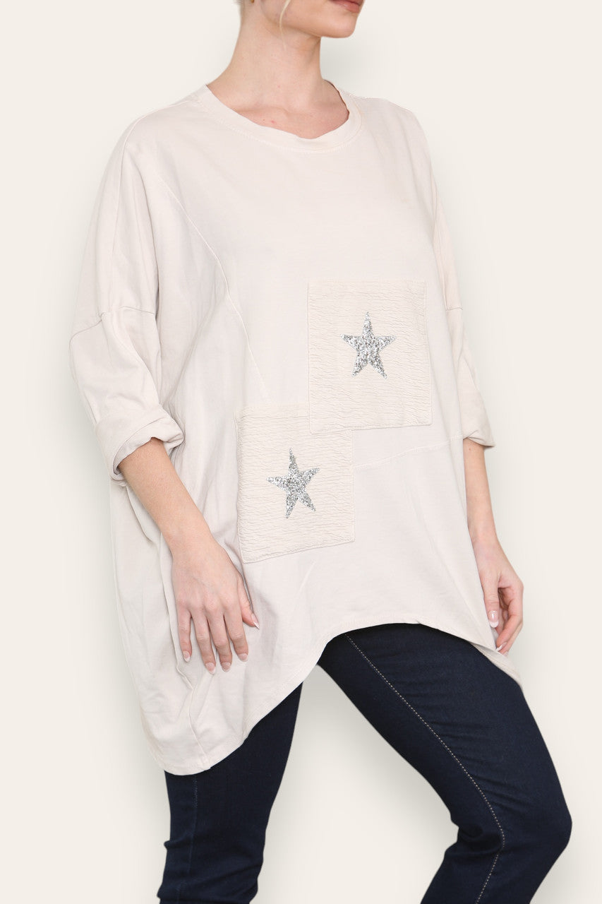 SEQUIN STAR COTTON SWEATSHIRT TOP STONE