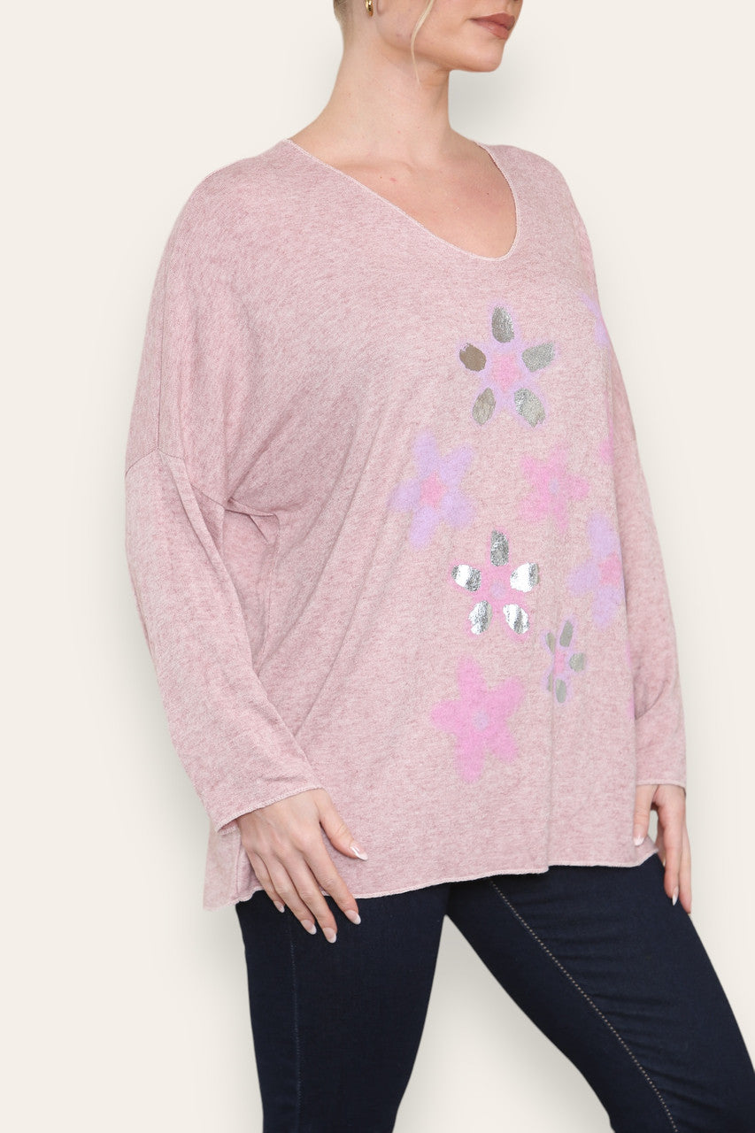 FOIL FLORAL PRINT FINE KNIT TOP DUSTY PINK