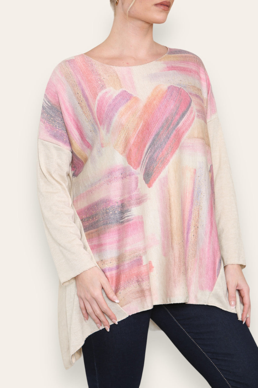 WATERCOLOUR HEART FINE KNIT TOP STONE