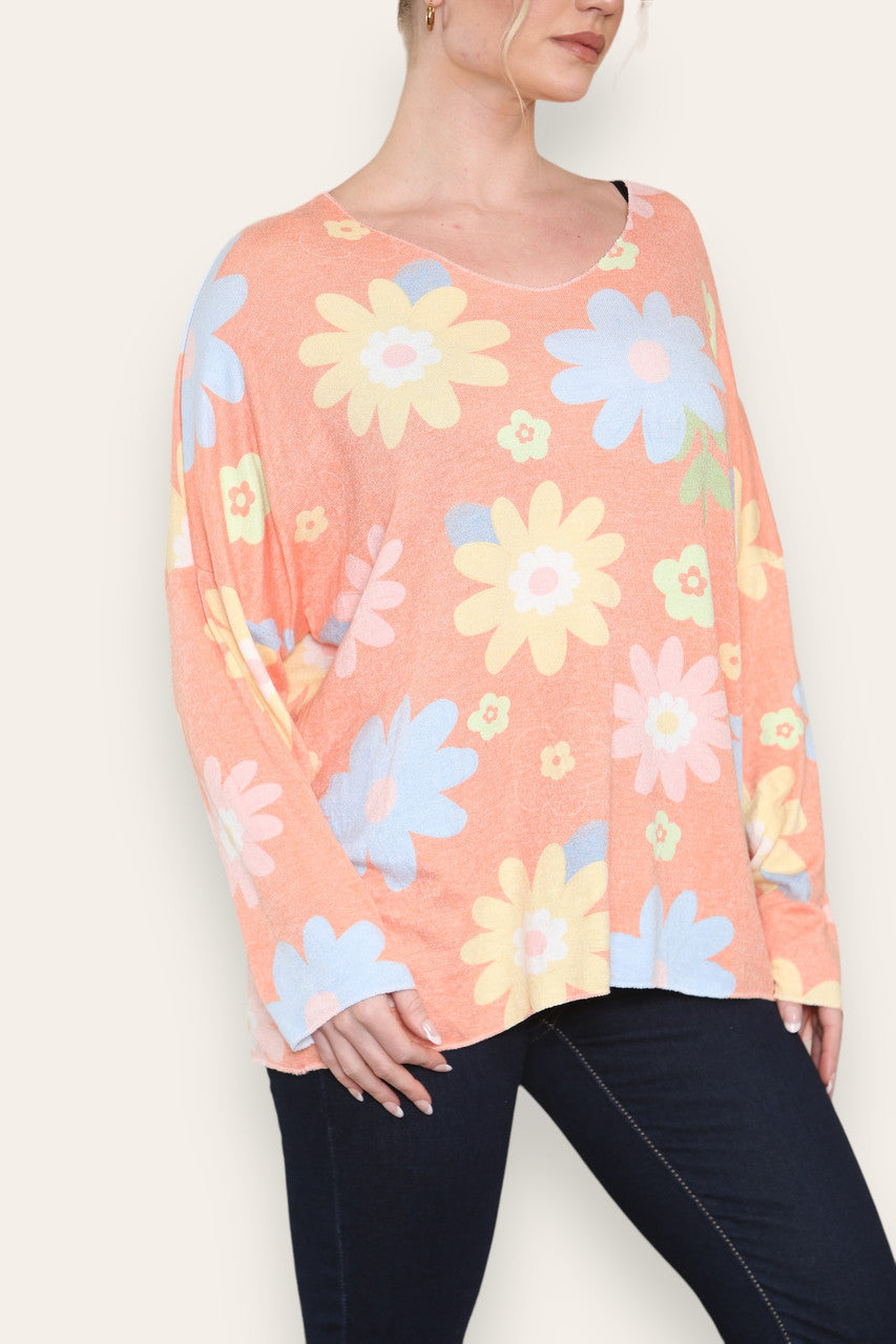 KLEURRIJKE MADELIEF BLOEMENPRINT FIJNGEBREIDE TOP ORANJE