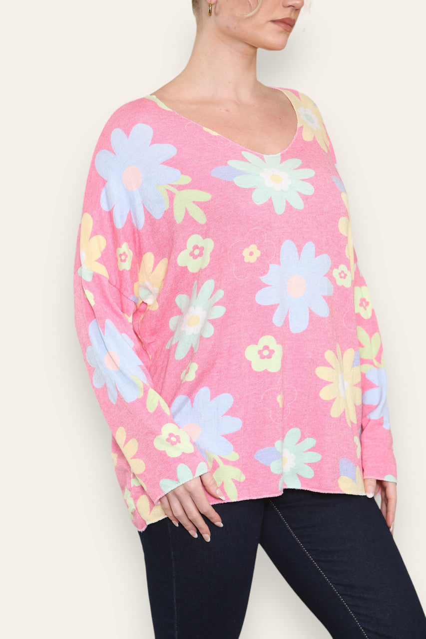 COLOURFUL DAISY FLORAL PRINT FINE KNIT TOP CERISE