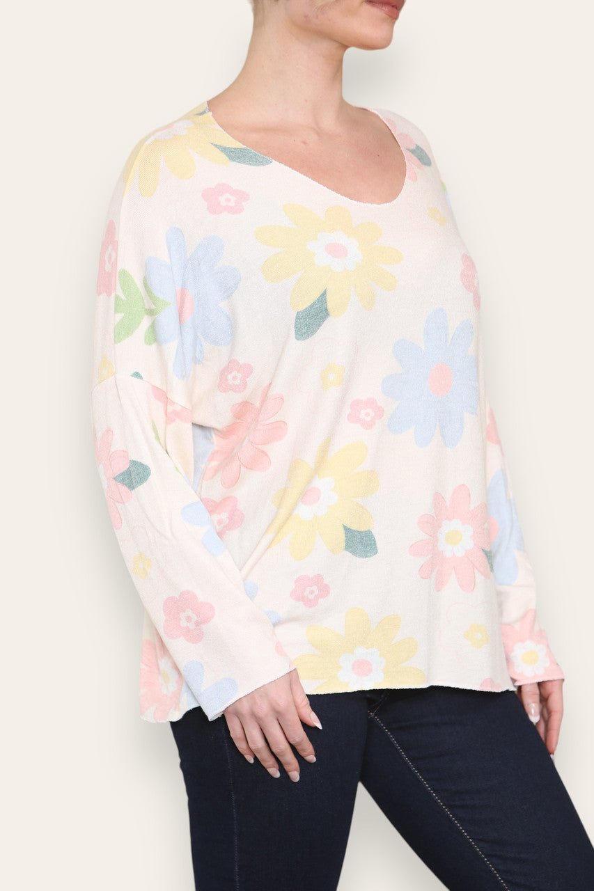COLOURFUL DAISY FLORAL PRINT FINE KNIT TOP WHITE