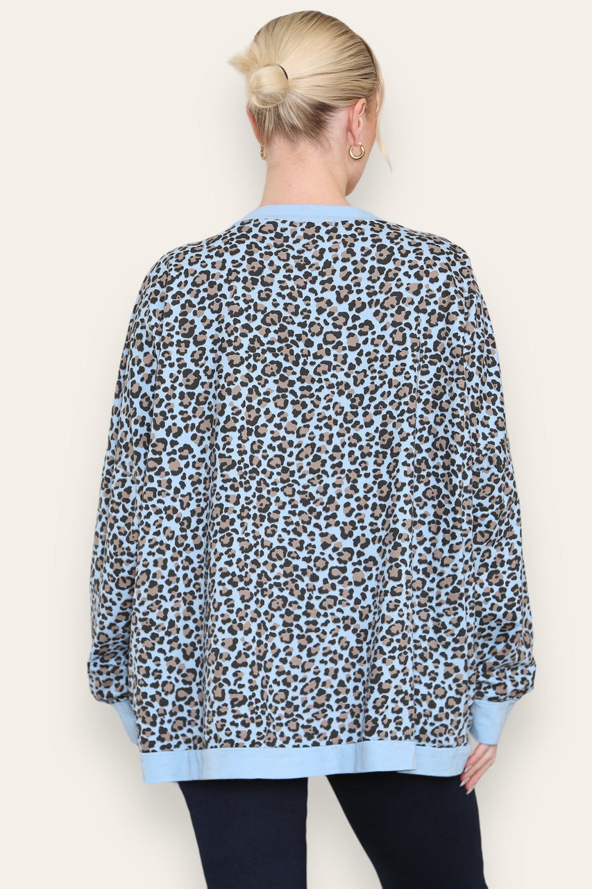 LEOPARD PRINT COTTON SWEATSHIRT TOP LIGHT BLUE
