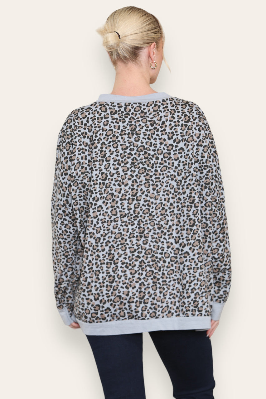 LEOPARD PRINT COTTON SWEATSHIRT TOP GREY
