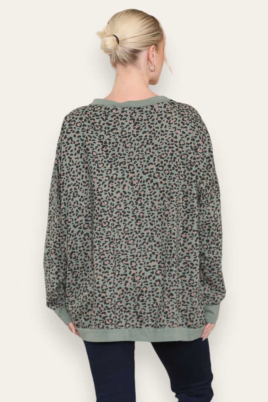 LEOPARD PRINT COTTON SWEATSHIRT TOP KHAKI