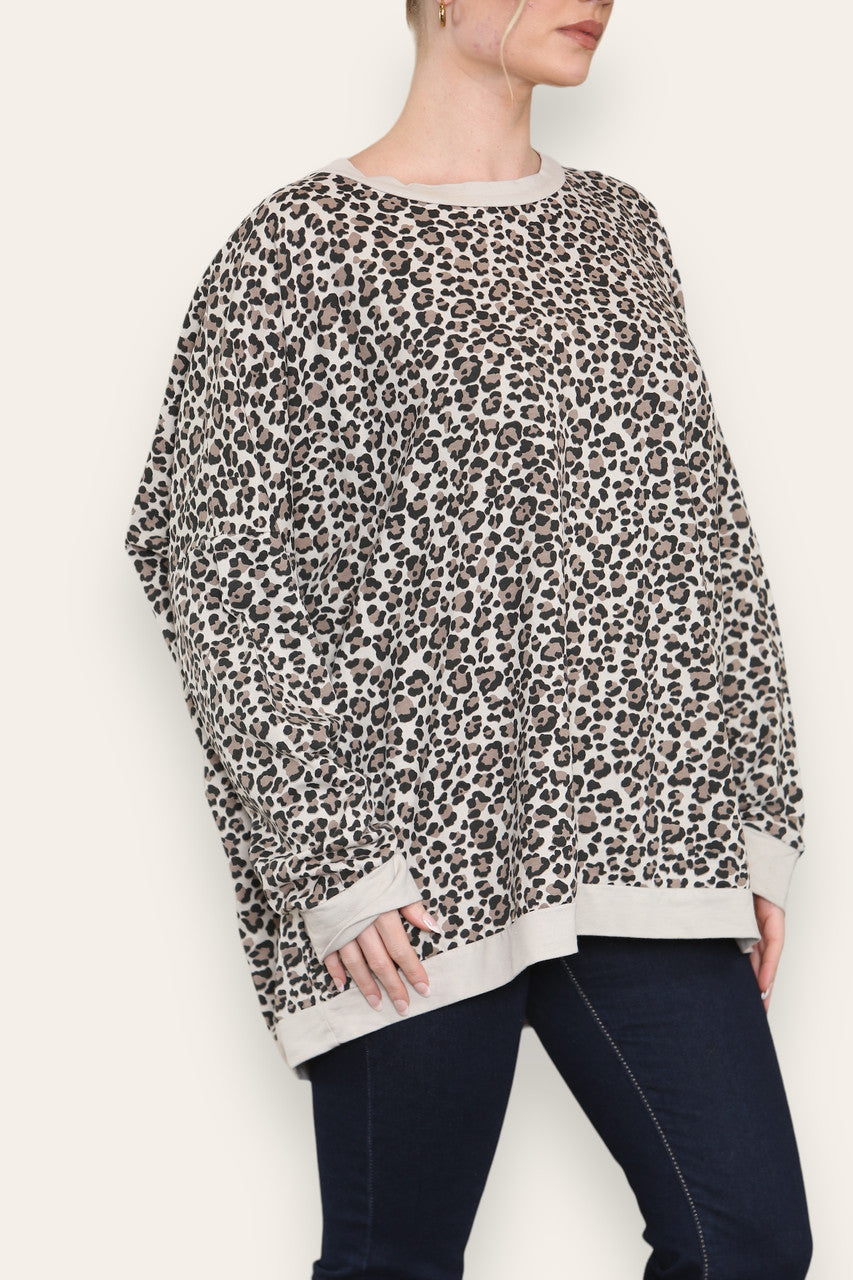 LEOPARD PRINT COTTON SWEATSHIRT TOP STONE