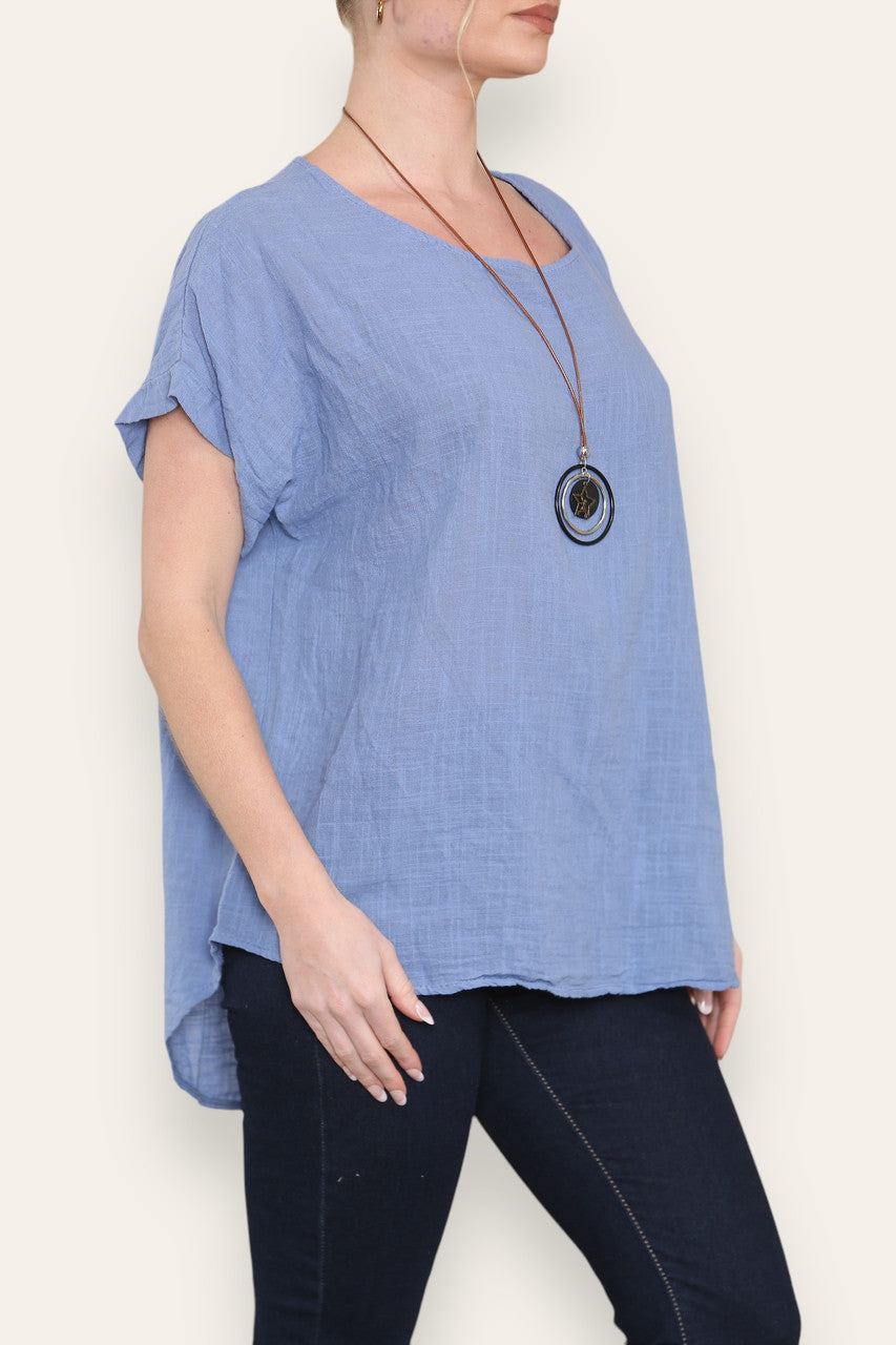 BUTTON BACK DETAIL TOP WITH NECKLACE DENIM