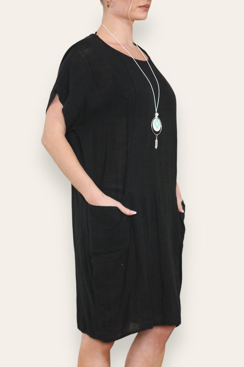 PLAIN TUNIC DRESS WITH POCKETS BLACK