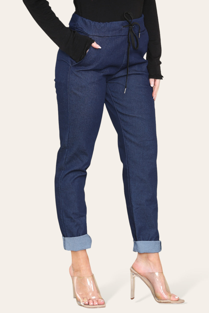 DRAWSTRING WAIST STRETCH STYLE JEAN TROUSERS DARK DENIM