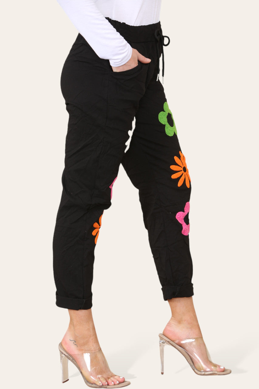 FLORAL PATCHWORK MAGIC TROUSERS BLACK