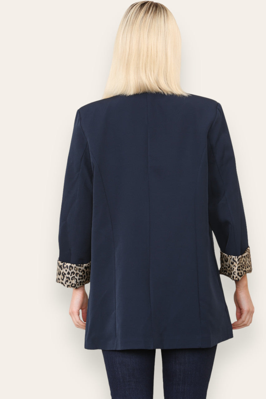 LEOPARD PRINT INNER FULLY LINED BLAZER NAVY