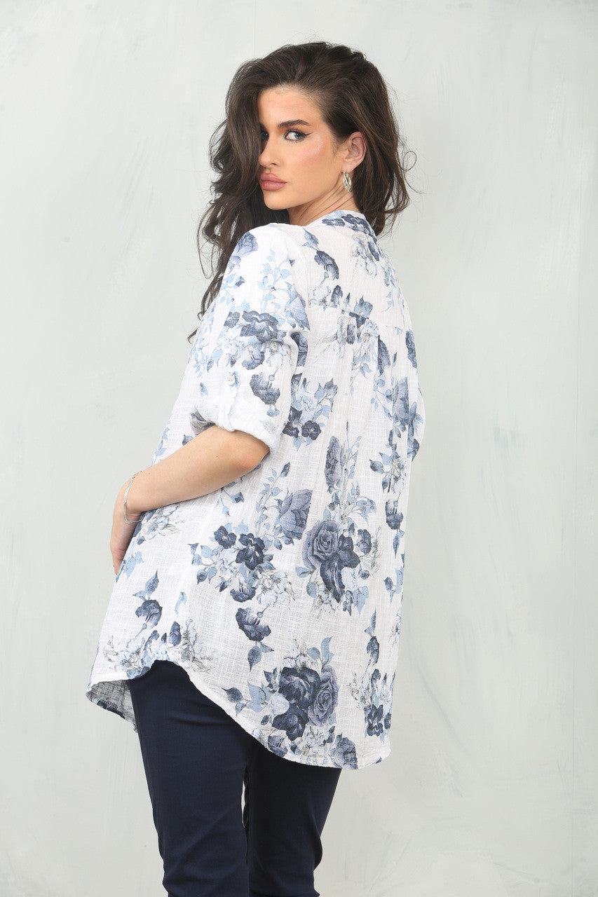 ROSE PRINT GRANDAD SHIRT TOP - NAVY
