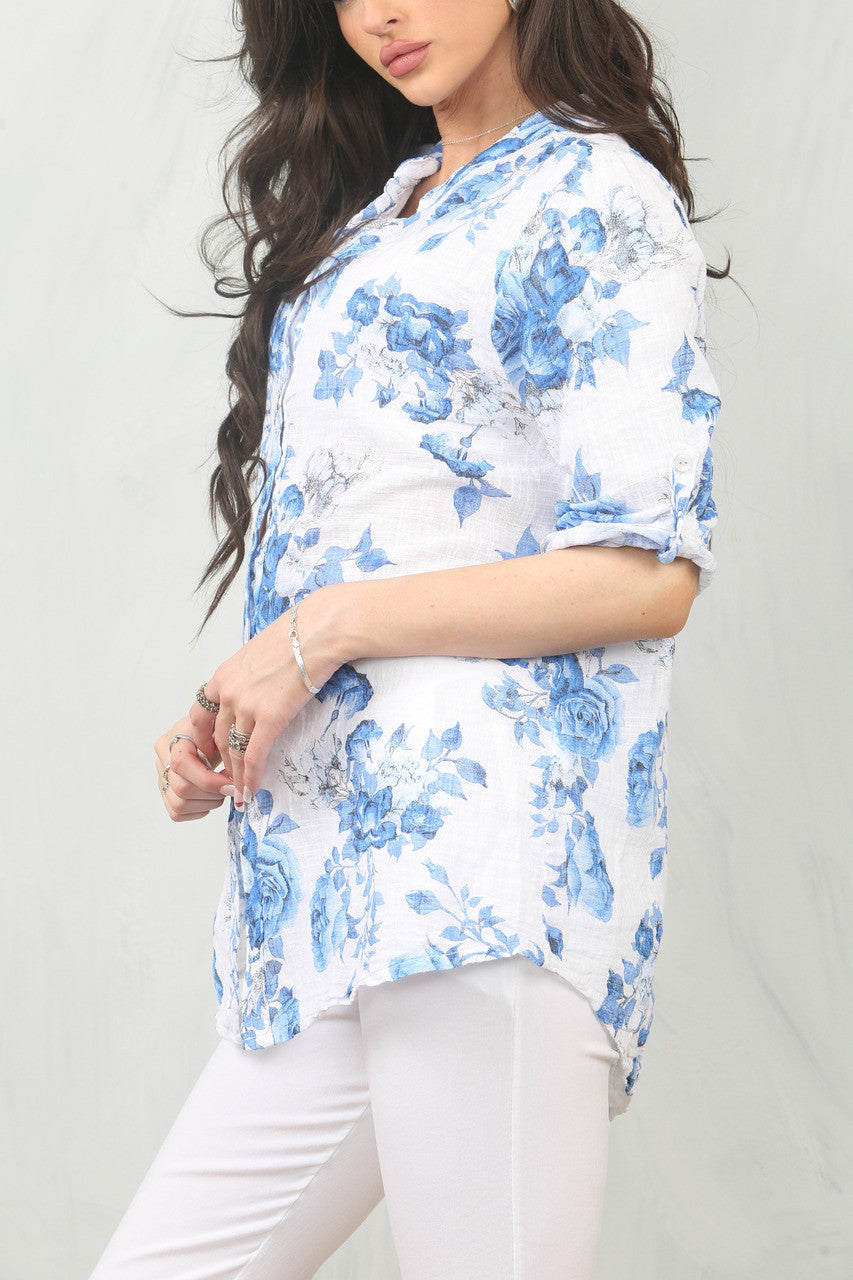 ROZENPRINT GRANDAD SHIRT TOP - KONINGSBLAUW