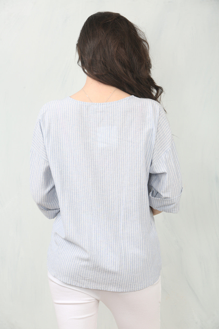 OVERHEMD MET V-HALS EN NAAFSTREEP - BLAUW