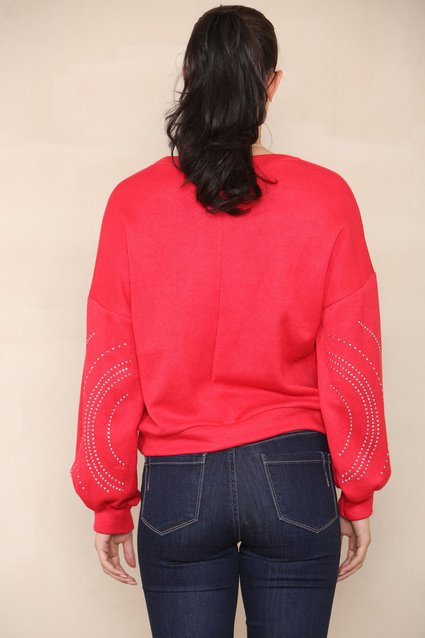DIAMANTE SLEEVE DETAIL KNIT JUMPER RED