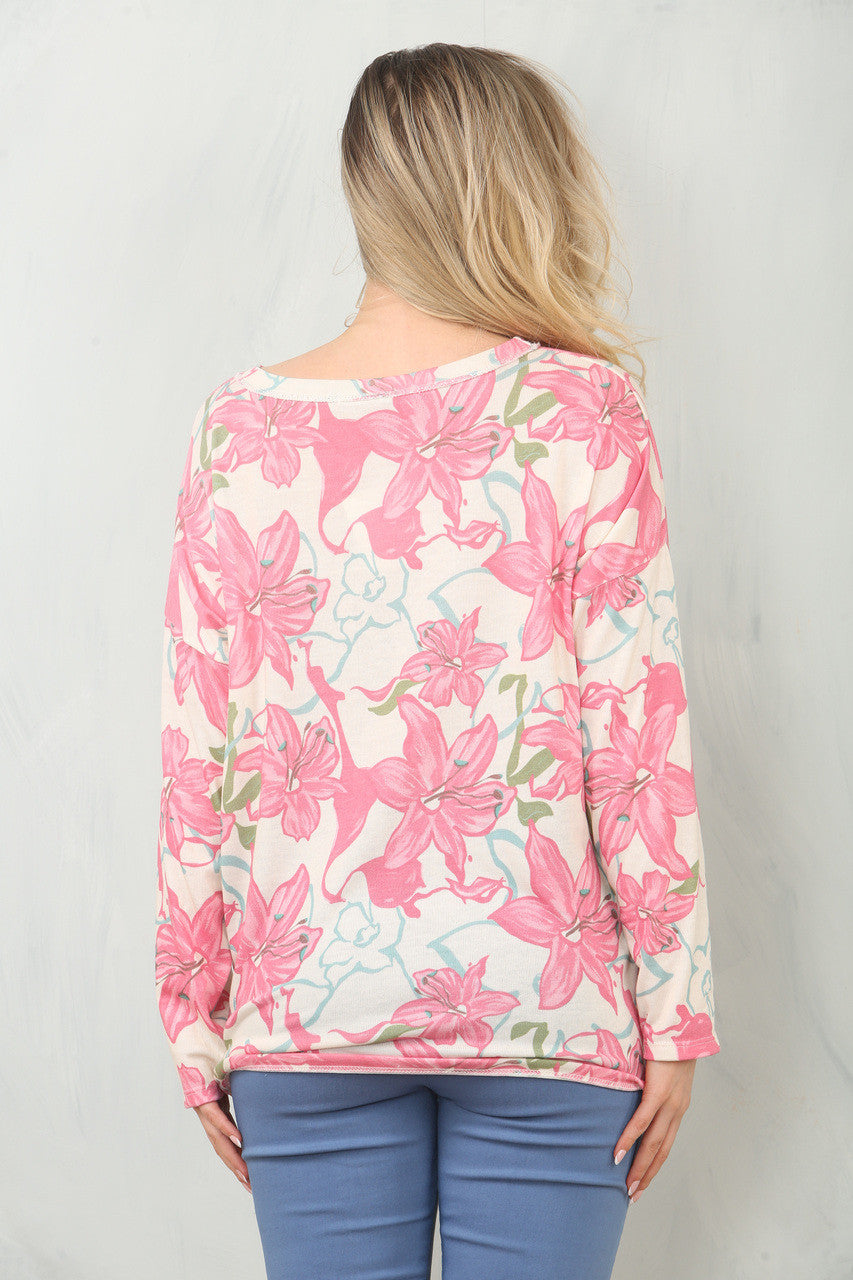 LILY PRINT TOP LANGE MOUW - ROZE