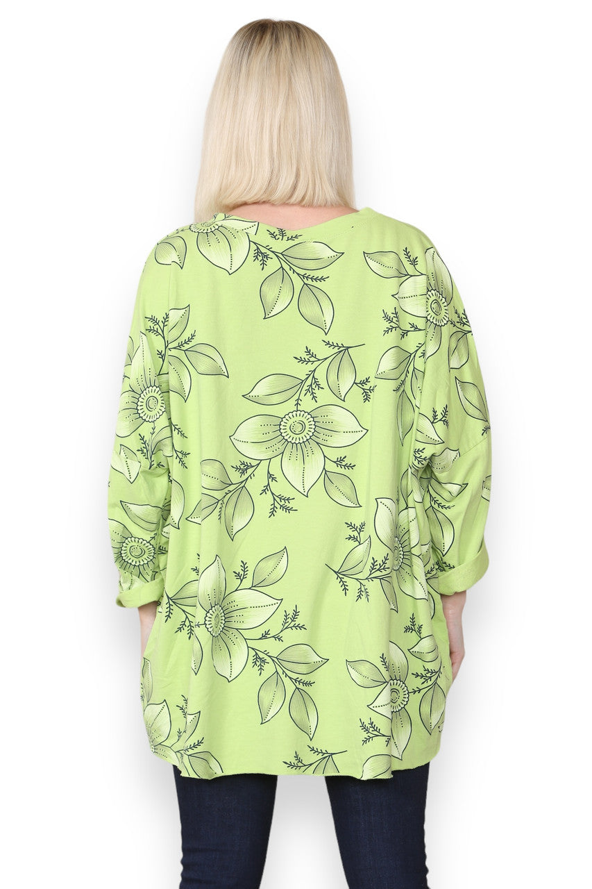 FLORAL OUTLINE PRINT COTTON SWEATSHIRT TOP LIME
