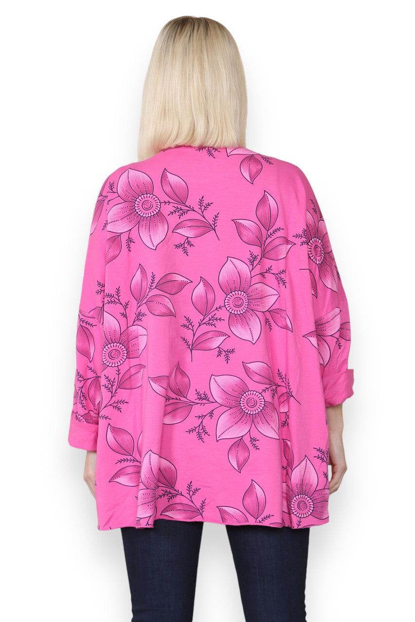 FLORAL OUTLINE PRINT COTTON SWEATSHIRT TOP CERISE