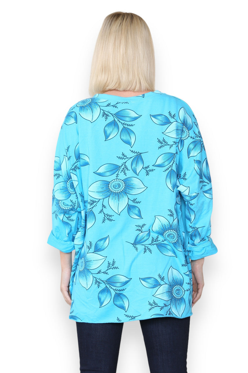 FLORAL OUTLINE PRINT COTTON SWEATSHIRT TOP TURQUOISE