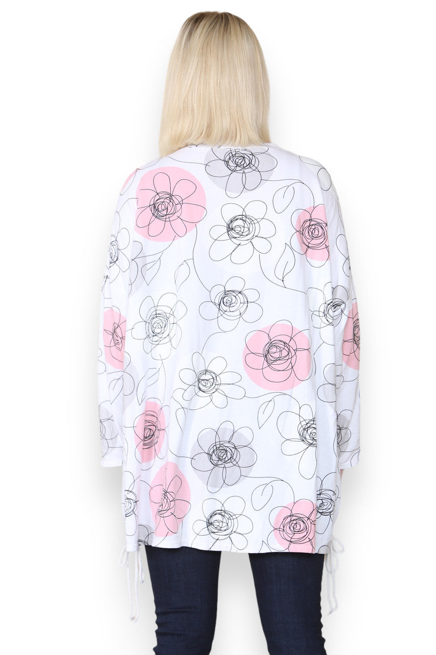 FLOWER SKETCH PRINT COTTON SWEATSHIRT TOP WHITE