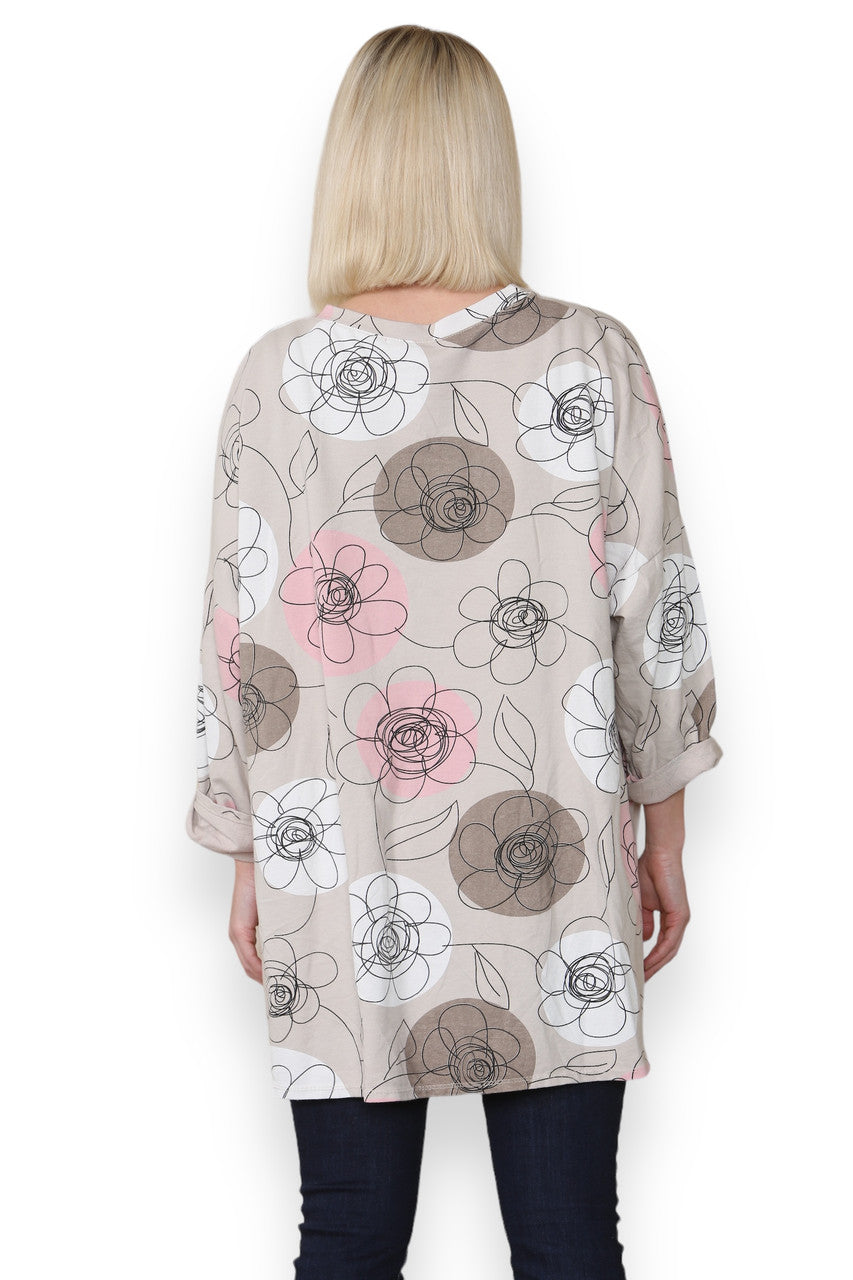FLOWER SKETCH PRINT COTTON SWEATSHIRT TOP STONE