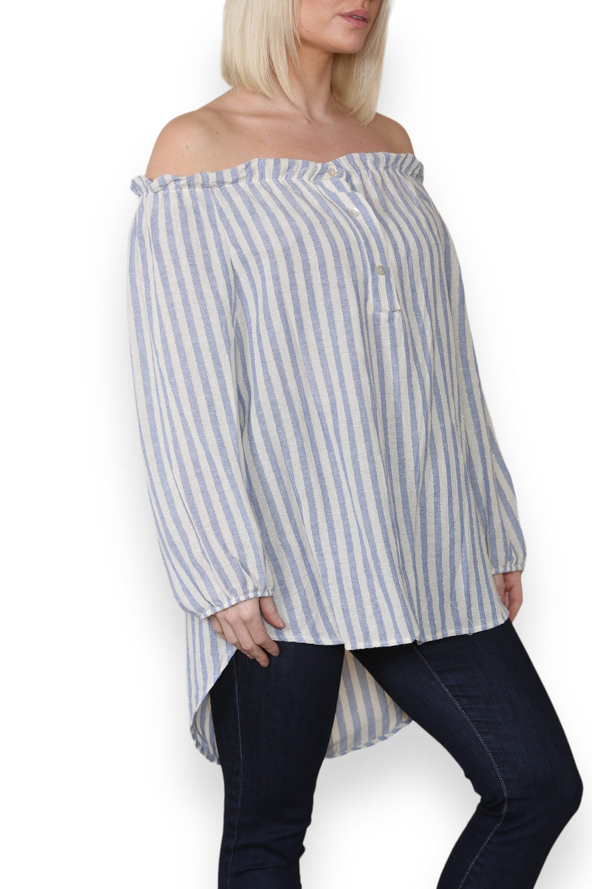 STRIPE BARDOT GYPSY TOP DENIM