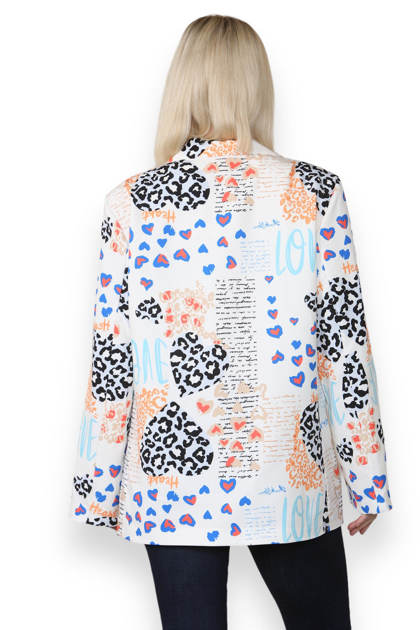 MIX LEOPARD HEART PRINT FULLY LINED BLAZER WHITE