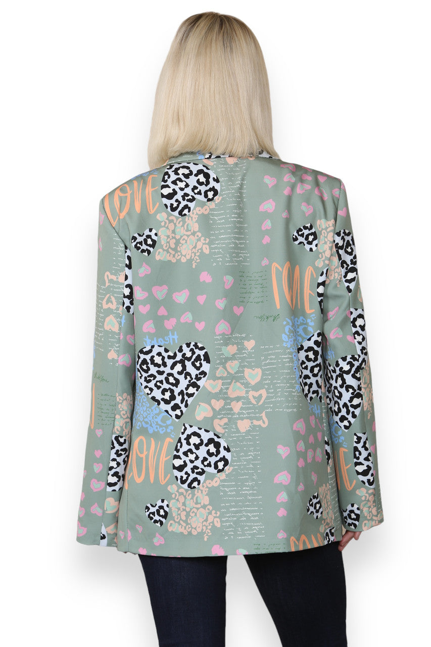 MIX LEOPARD HEART PRINT FULLY LINED BLAZER KHAKI
