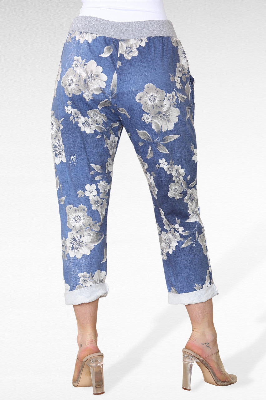 JOGGINGBROEK MET BLOEMENPARELTJESPRINT - DENIM