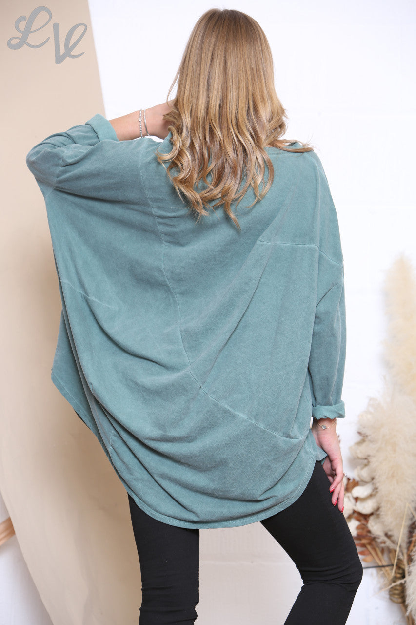 Ladies Slouched Washed Style Tunic Top Green