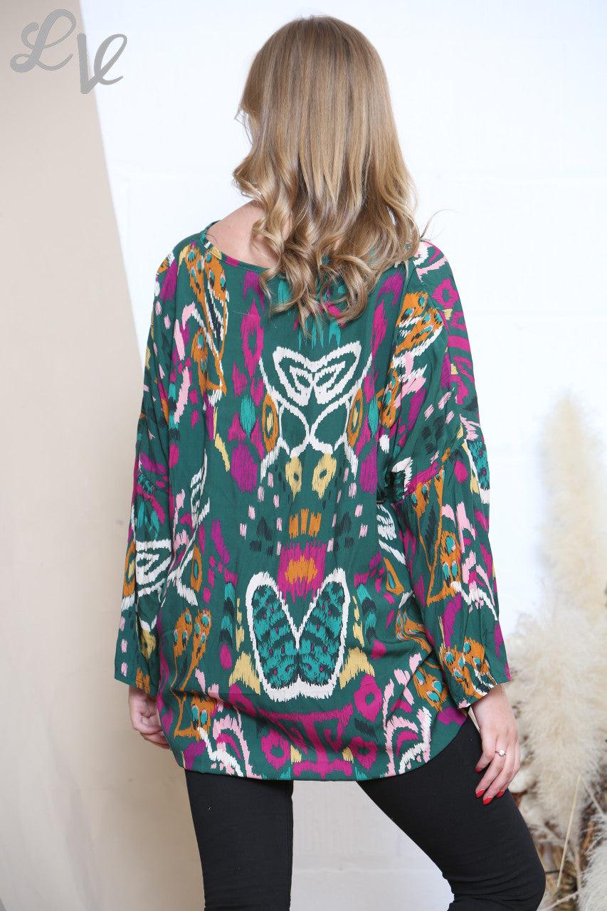 Ladies Gather Front Abstract Print Top Green
