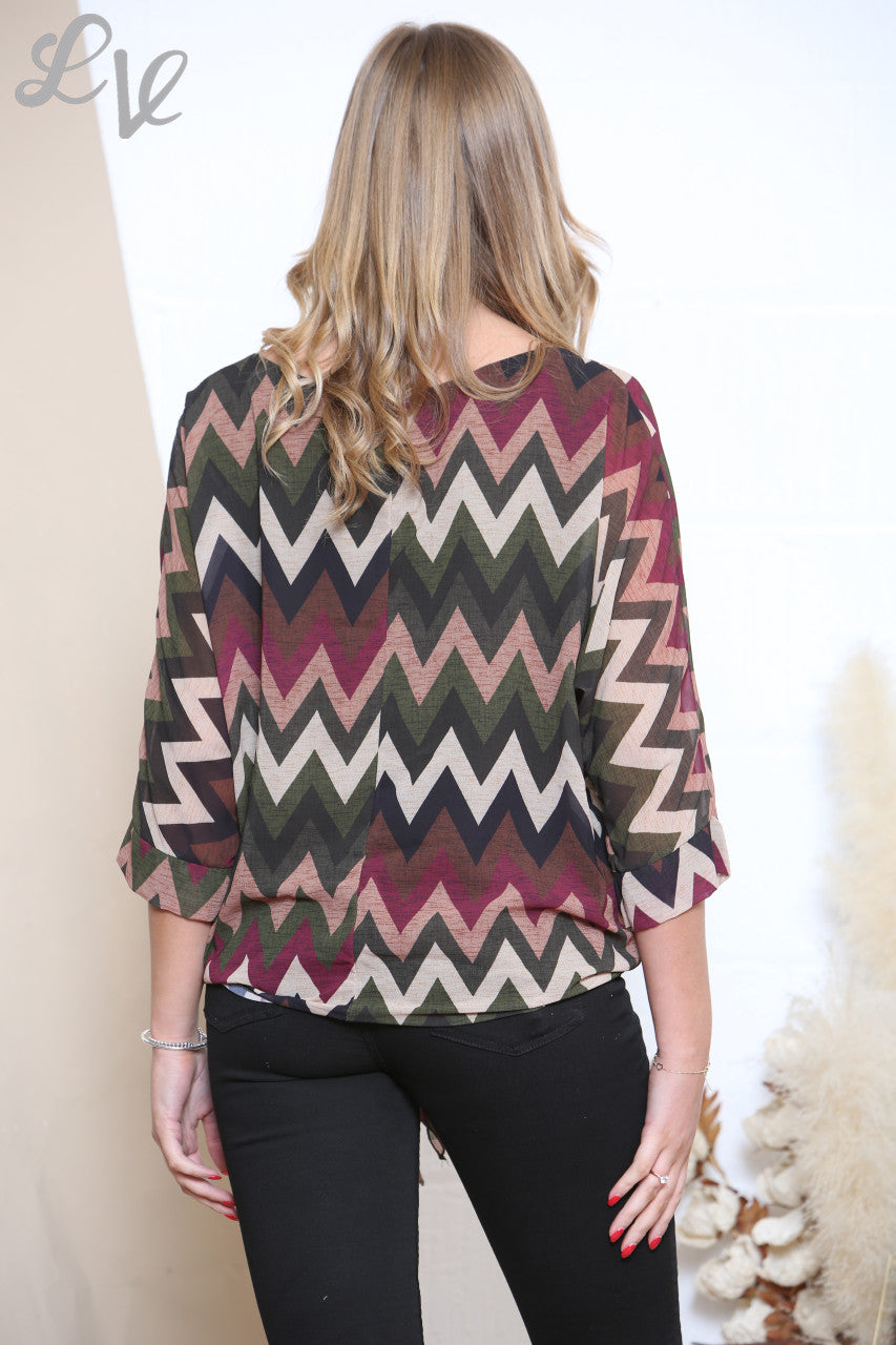 Ladies Zig Zag Print Tie Side Blouse Khaki