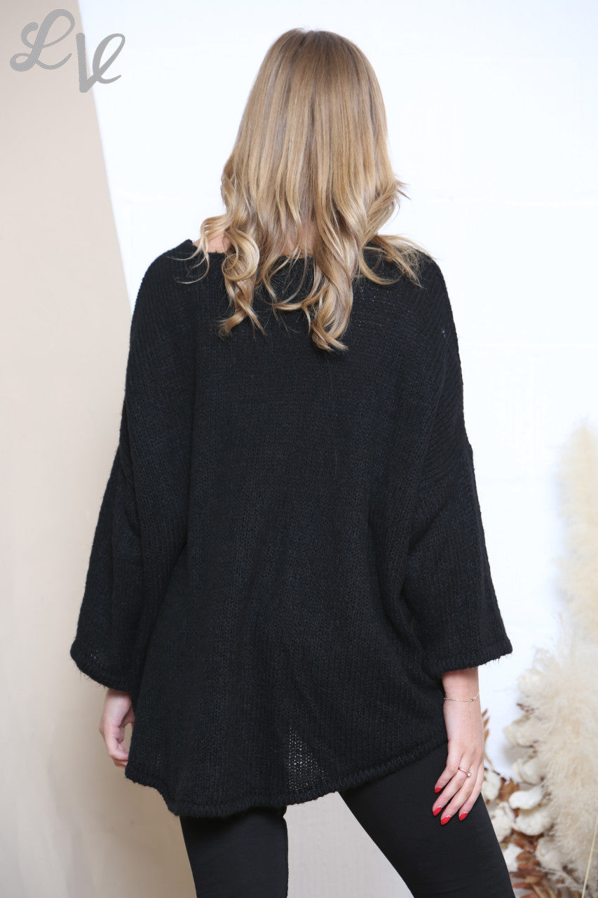 Ladies Heart Knitted Jumper Top Black