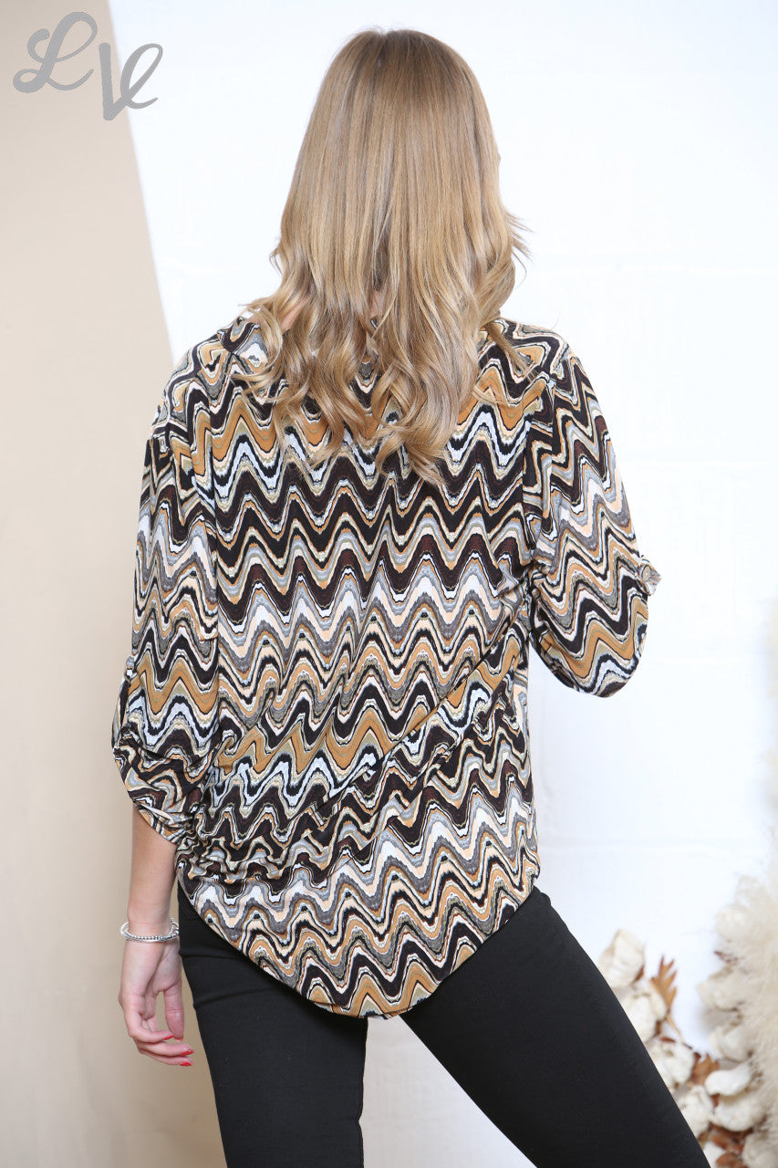 Ladies Zig Zag Print V Neck Shirt Top Stone