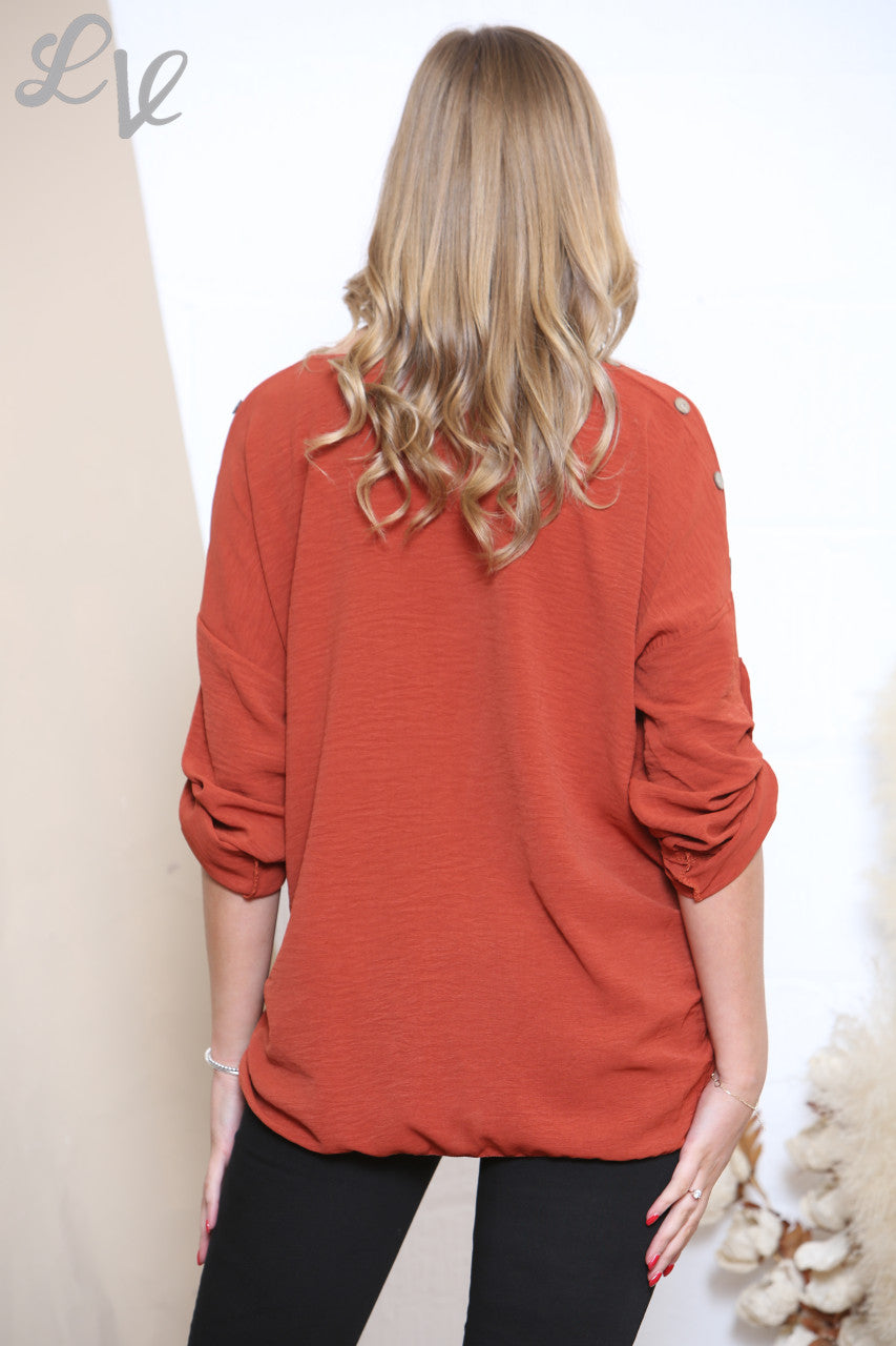 Ladies Button Shoulder Detail Blouse Top Rust