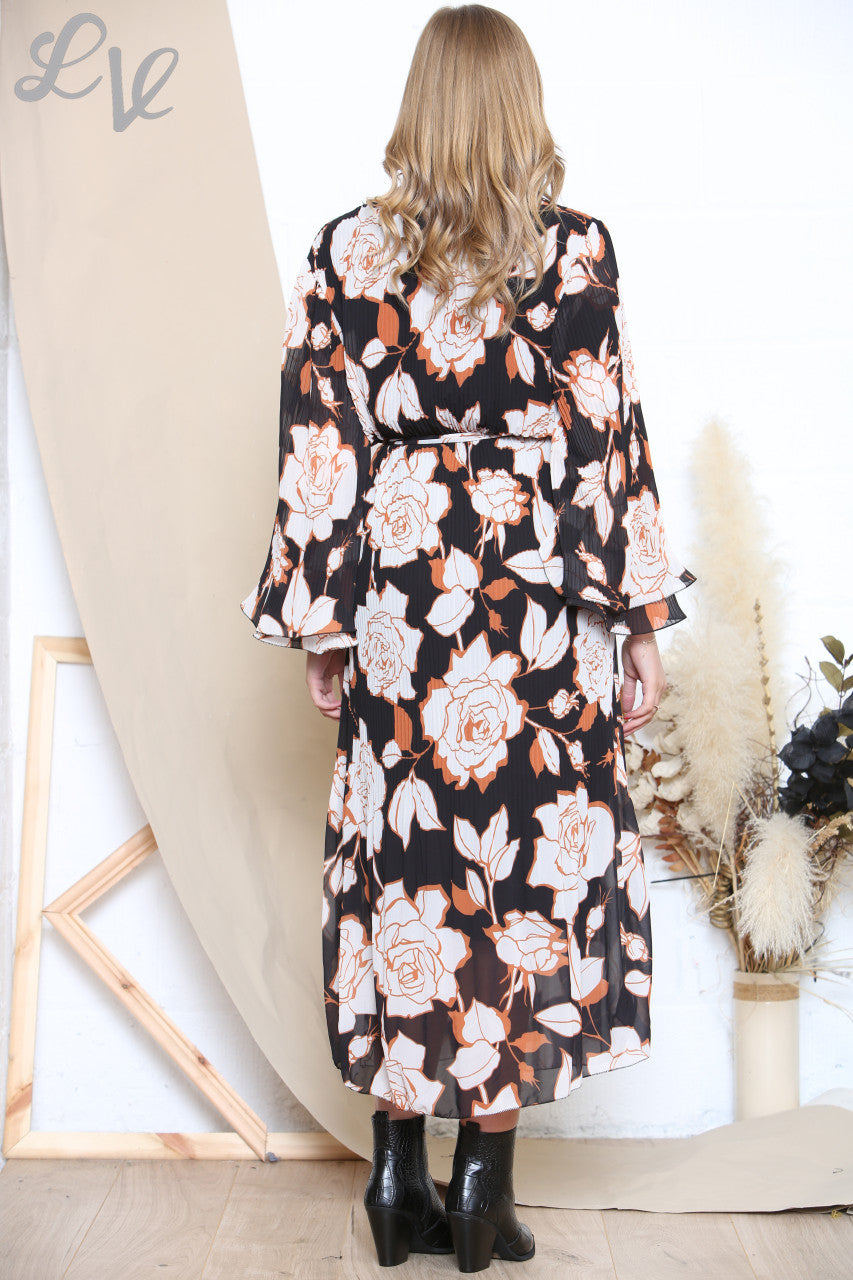Ladies Floral Print Pleated Dress Black