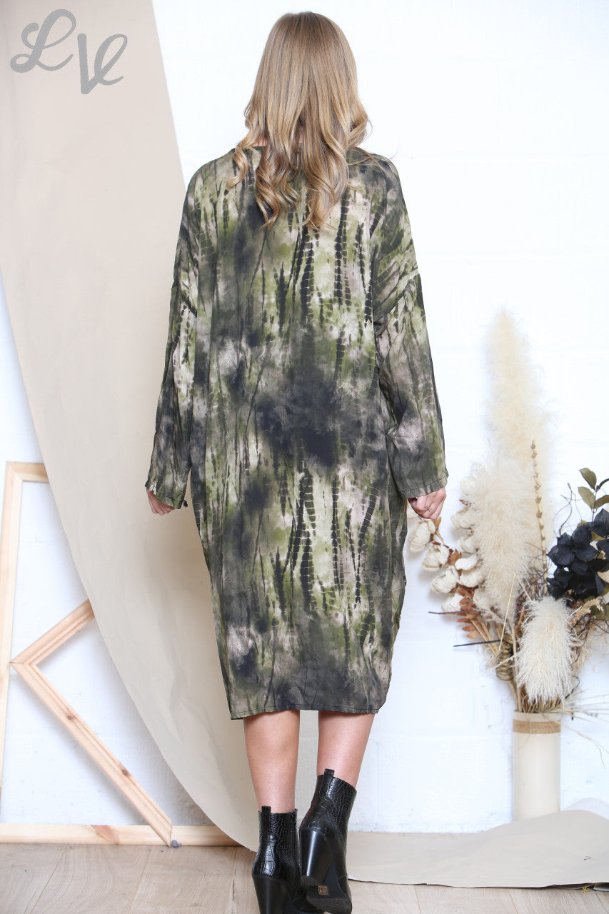Ladies Gather Front Tie Dye Print Midi Dress Khaki