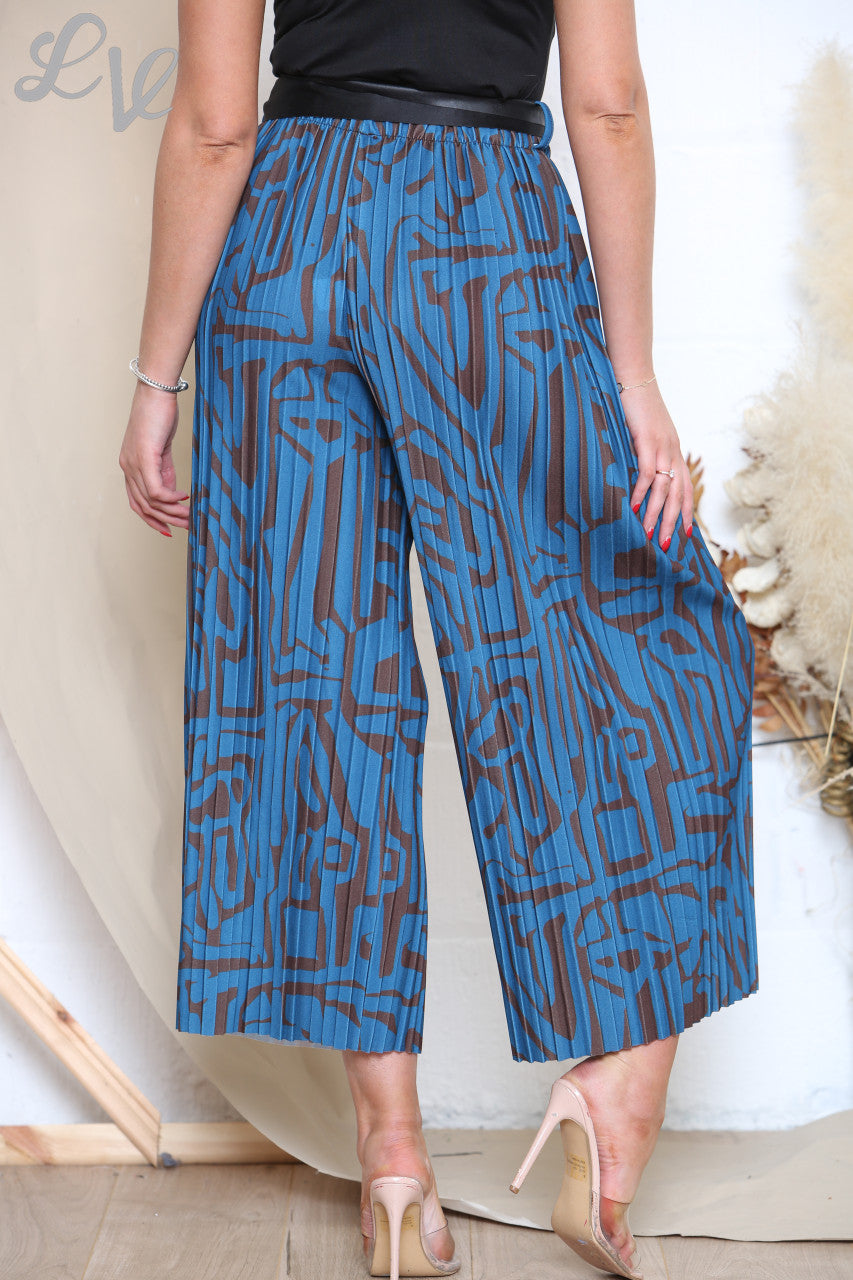 Ladies Abstract Print Pleated Trousers With Belt Teal