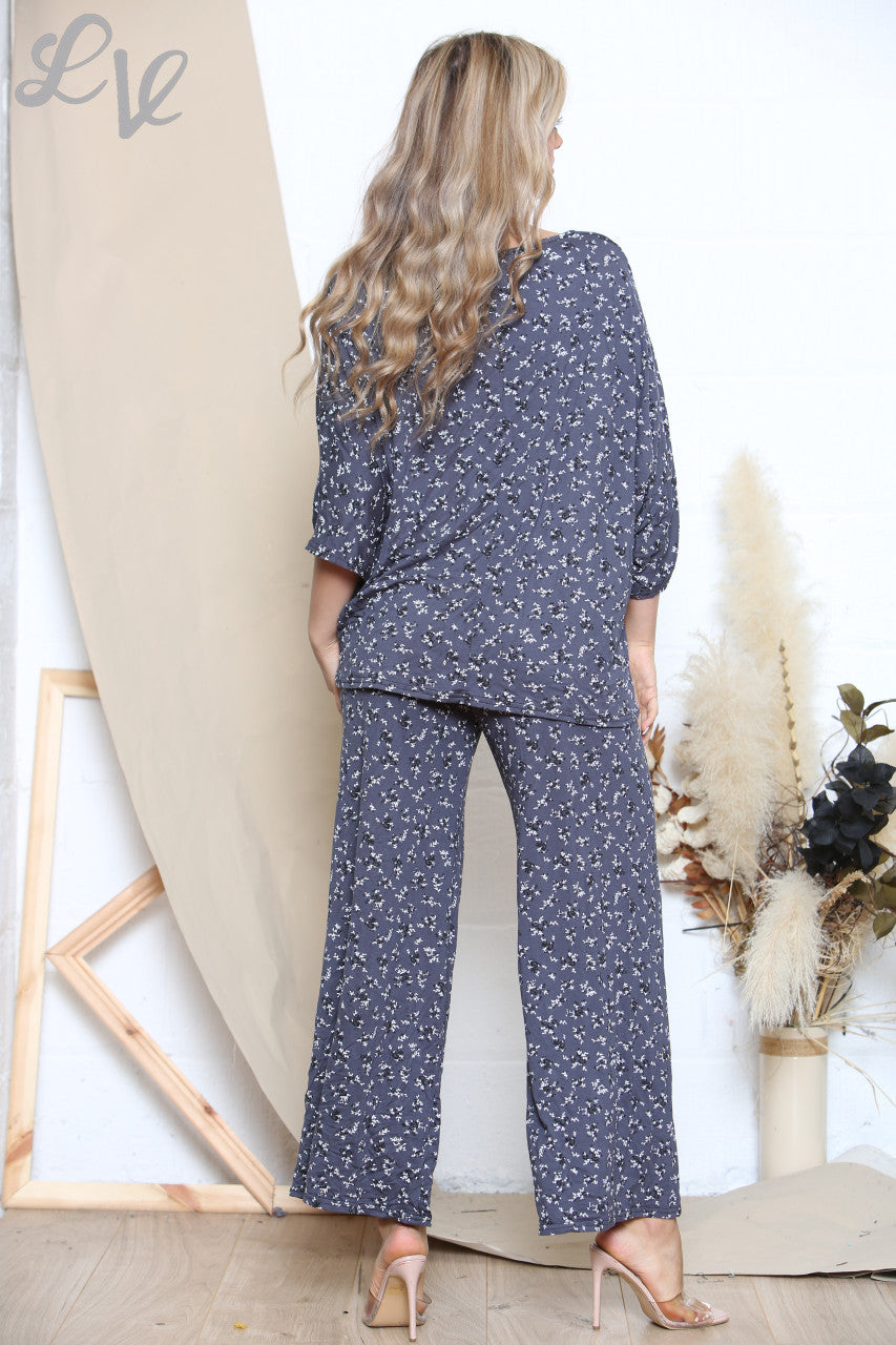 Ladies Ditsy Print Top & Trouser Set Denim