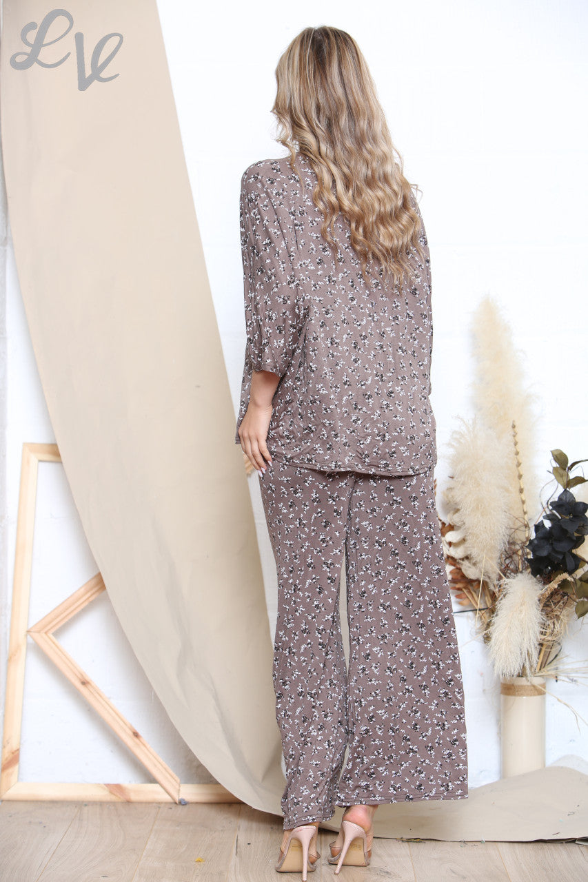 Ladies Ditsy Print Top & Trouser Set Taupe
