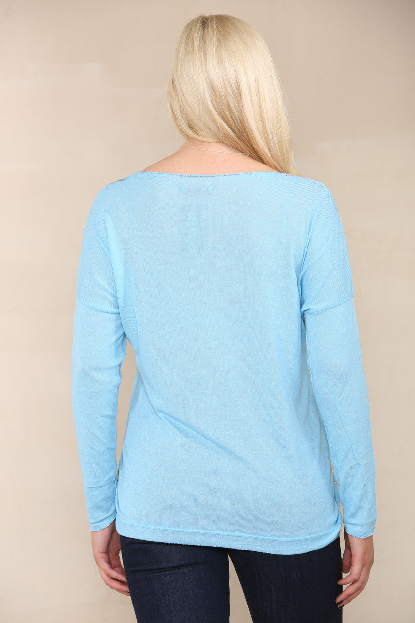 BAROQUE FOIL FINE KNIT TOP TURQUOISE