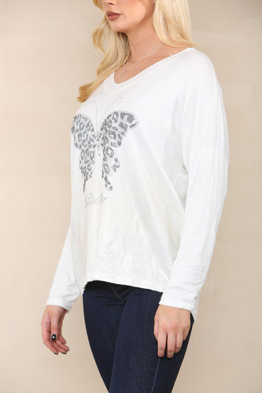 SEQUIN BUTTERFLY FINE KNIT TOP WHITE