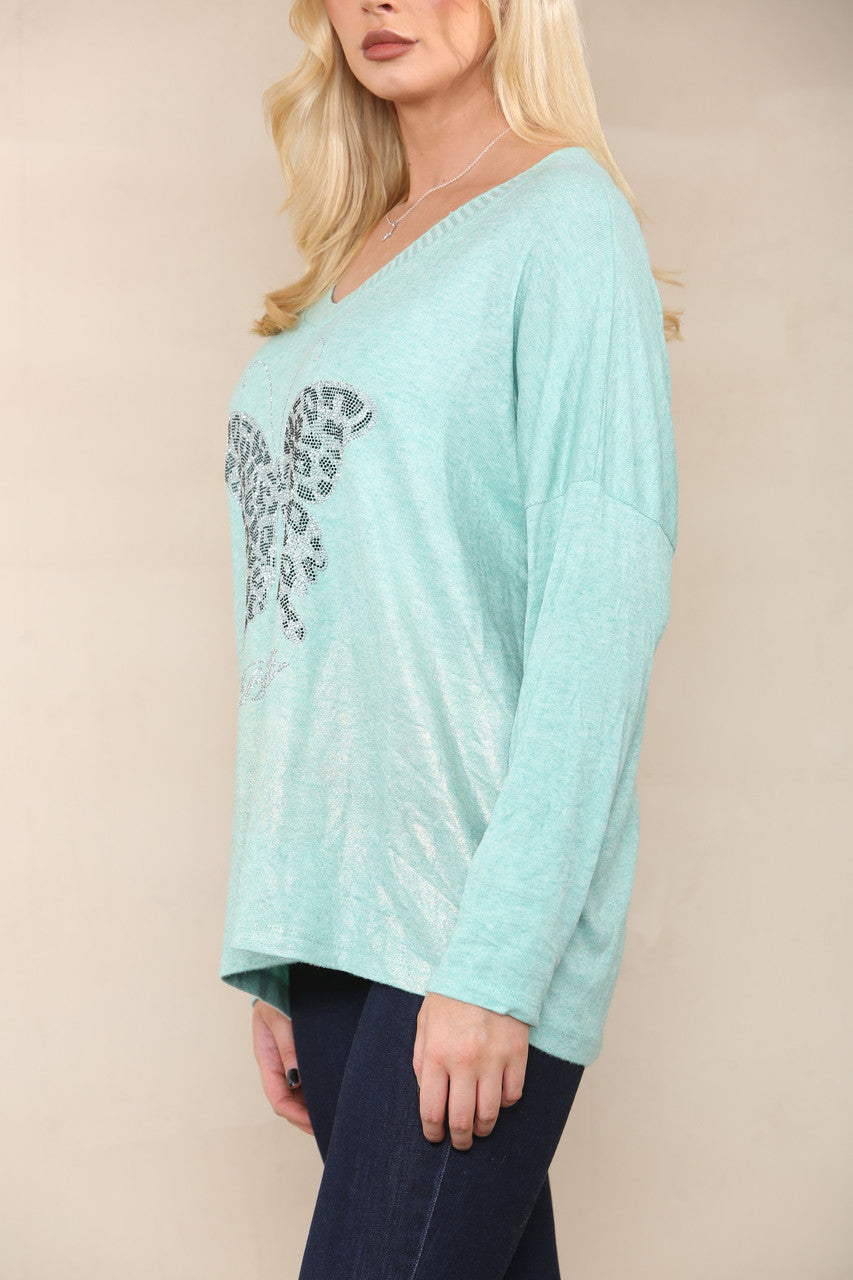 SEQUIN BUTTERFLY FINE KNIT TOP MINT