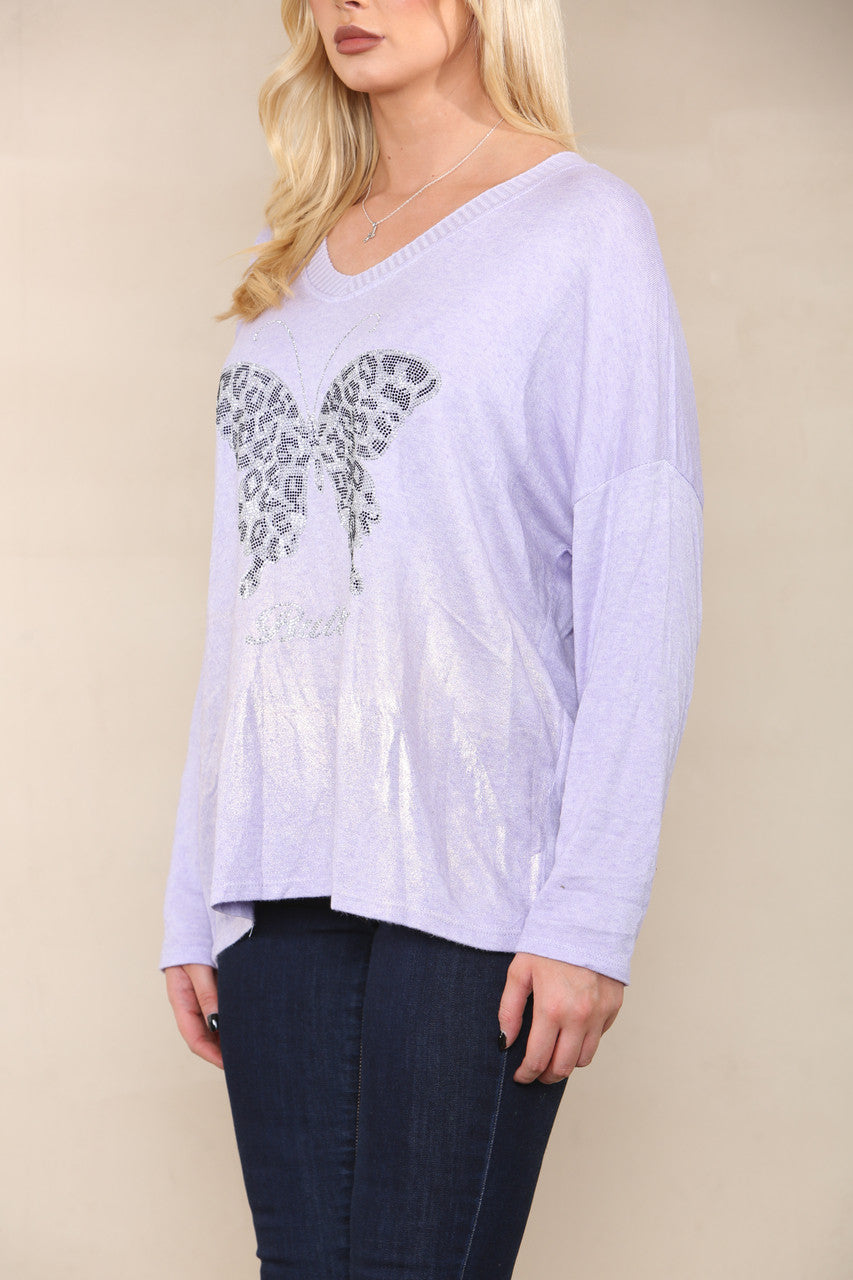 SEQUIN BUTTERFLY FINE KNIT TOP LILAC