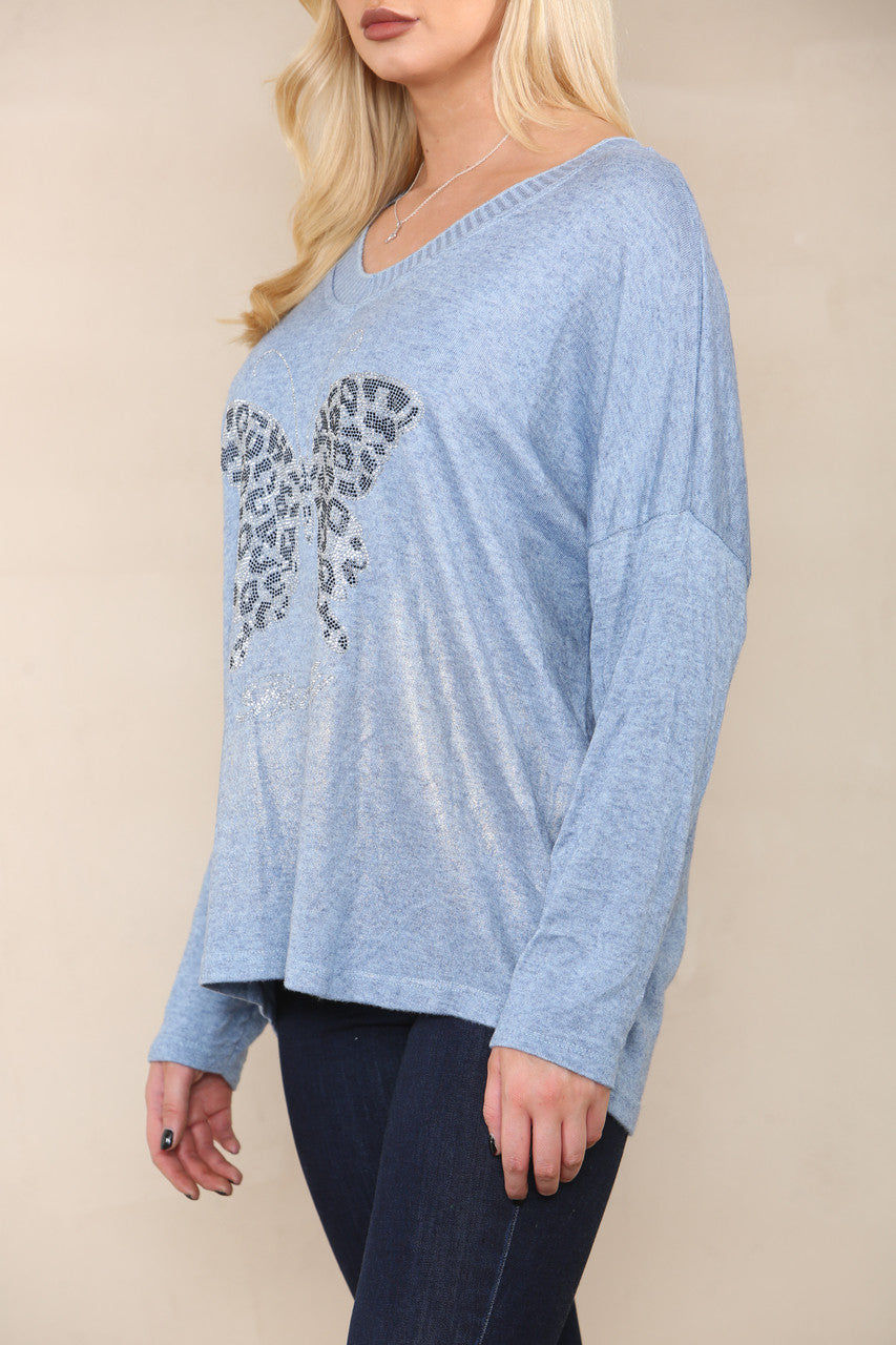 SEQUIN BUTTERFLY FINE KNIT TOP DENIM