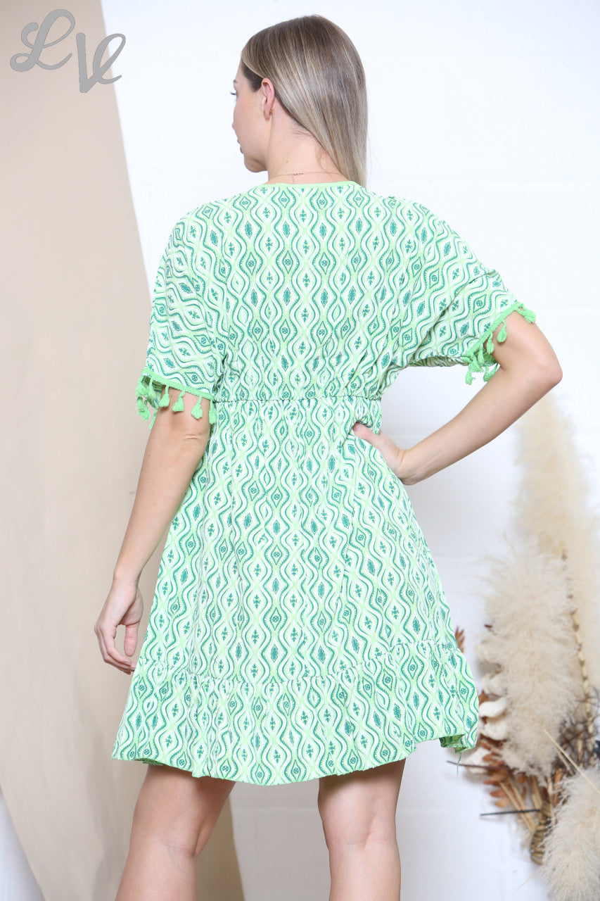 Ladies Aztec Print Tie Front Tassel Detail Dress Mint