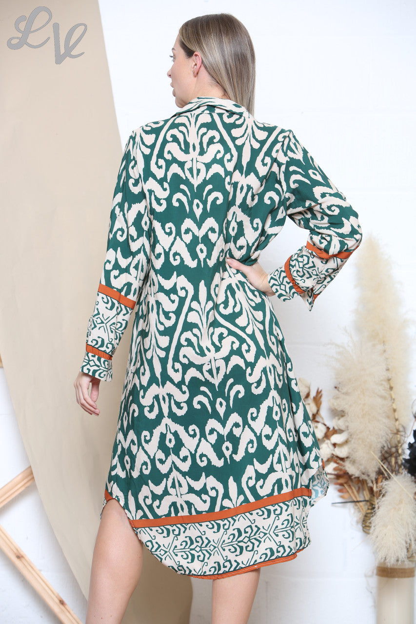 Damesjurk met damastprint en bies Groen