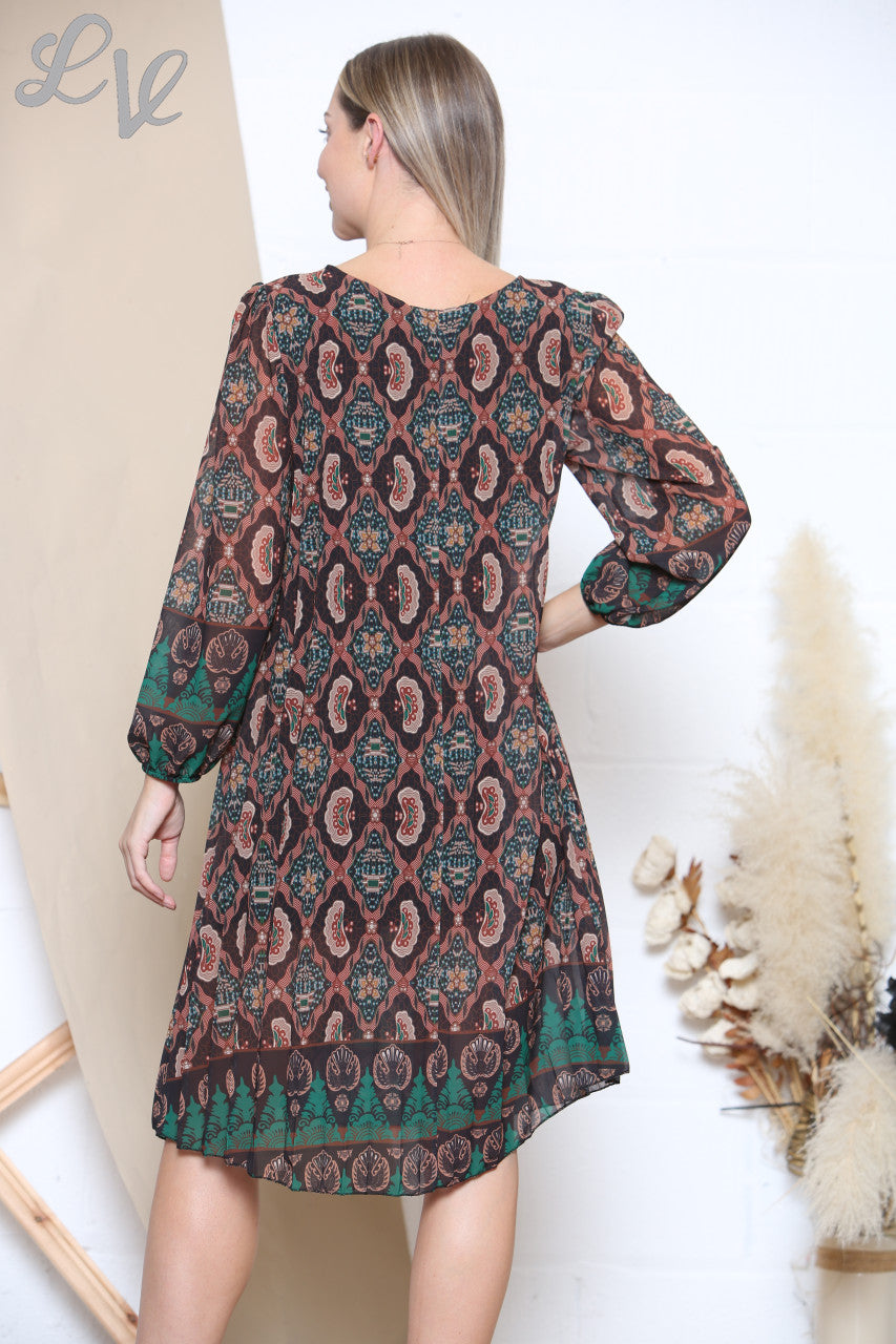 Ladies Abstract Geometric Print Pleated Dress Black