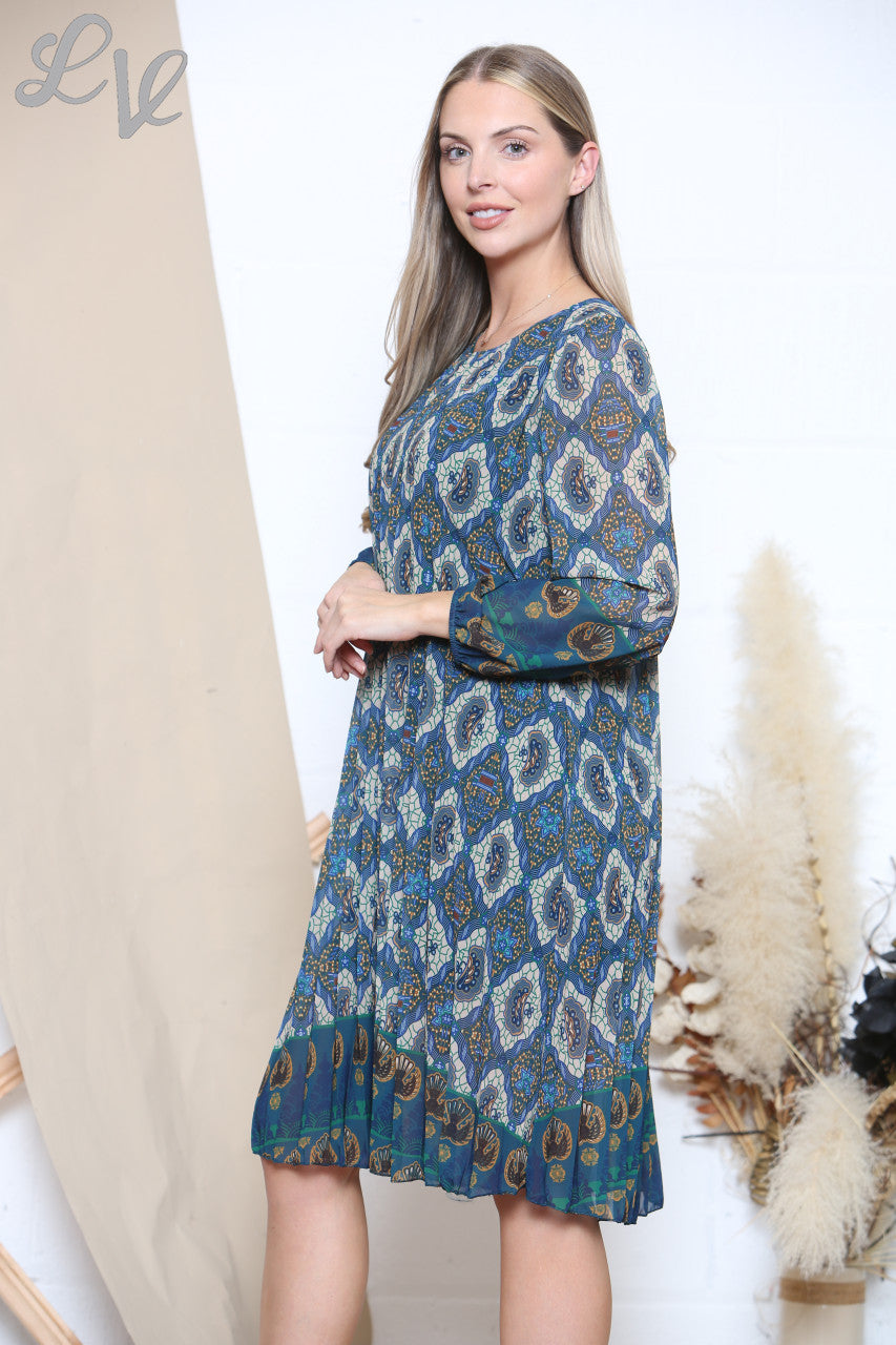 Ladies Abstract Geometric Print Pleated Dress Blue